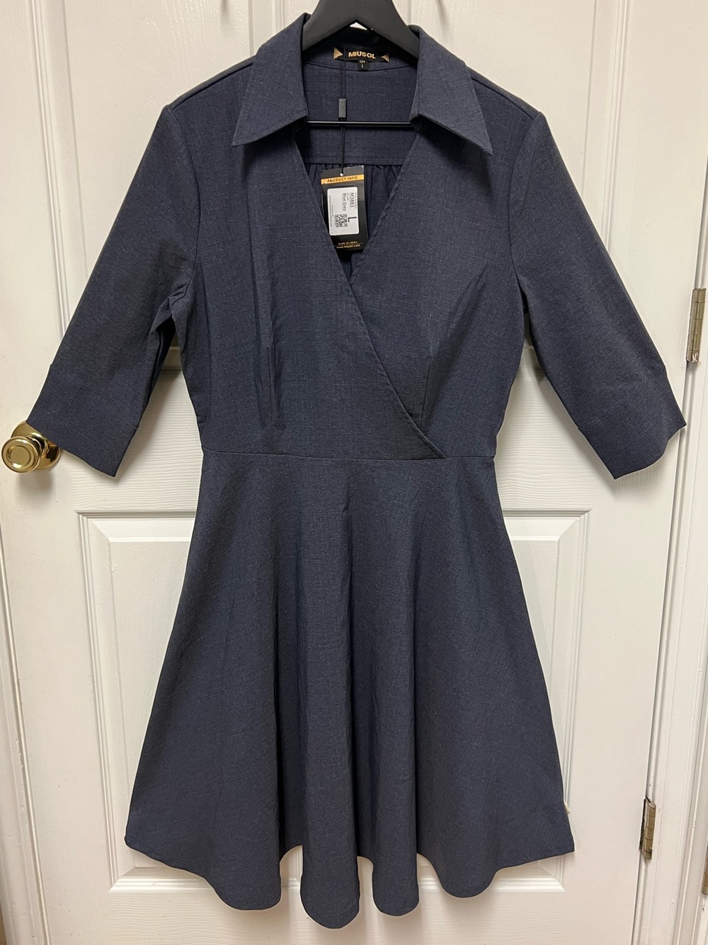 Miusol Blue Grey Fit-and-Flare Midi Shirt Dress with Collar
